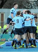 26 January 2016; Jack Kelly, St Michael's College, celebrates with team-mates after scoring his side's first try. Bank of Ireland Leinster Schools Senior Cup, 1st Round, St Andrew's College v St Michael's College, Donnybrook Stadium, Donnybrook, Dublin. Picture credit: Seb Daly / SPORTSFILE