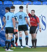 26 January 2016; Oisin Dowling, St Michael's College, is shown a red card by referee Brian Montayne. Bank of Ireland Leinster Schools Senior Cup, 1st Round, St Andrew's College v St Michael's College, Donnybrook Stadium, Donnybrook, Dublin. Picture credit: Seb Daly / SPORTSFILE