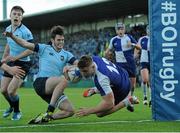 26 January 2016; Jordan Larmour, St Andrew's College, scores his team's only try of the match. Bank of Ireland Leinster Schools Senior Cup, 1st Round, St Andrew's College v St Michael's College, Donnybrook Stadium, Donnybrook, Dublin. Picture credit: Seb Daly / SPORTSFILE