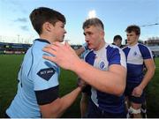 26 January 2016; Jordan Larmour, St Andrew's College, shakes hands with Peter O’Beirne, St Michael's College after the match. Bank of Ireland Leinster Schools Senior Cup, 1st Round, St Andrew's College v St Michael's College, Donnybrook Stadium, Donnybrook, Dublin. Picture credit: Seb Daly / SPORTSFILE