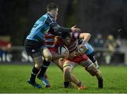 20 January 2016; Johnny Williams, Glenstal Abbey, is tackled by Alan Fitzgerald and Paul Clancy, left, Castletroy College. Munster Schools Senior Cup, 1st Round, Glenstal Abbey School v Castletroy College, Dooradoyle, Limerick. Picture credit: Diarmuid Greene / SPORTSFILE