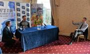 27 January 2016: Down's Mark Poland, 2nd from left, and Donegal's Frank McGlynn being interviewed by MC Thomas Kane at the 2016 Allianz Football League launch. Malone House, Belfast, Co. Antrim. Down host Donegal in the opening round of the Allianz Football League Division 1 in Pairc Esler, Newry this Saturday, January 30th.  Picture credit: Brendan Moran / SPORTSFILE