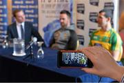 27 January 2016: Down's Mark Poland, 2nd from left, and Donegal's Frank McGlynn being interviewed by MC Thomas Kane at the 2016 Allianz Football League launch. Malone House, Belfast, Co. Antrim. Down host Donegal in the opening round of the Allianz Football League Division 1 in Pairc Esler, Newry this Saturday, January 30th.  Picture credit: Brendan Moran / SPORTSFILE