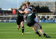 27 January 2016; Connor Jennings, Belvedere College, on his way to scoring his side's first try despite the efforts of Gavin Burke, right, and David Murphy, Newbridge College. Bank of Ireland Leinster Schools Senior Cup, 1st Round, Newbridge College v Belvedere College, Donnybrook Stadium, Donnybrook, Dublin. Picture credit: Piaras Ó Mídheach / SPORTSFILE