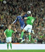 14 November 2009; Keith Andrews, Republic of Ireland, in action against Alou Diarra, France. FIFA 2010 World Cup Qualifying Play-off 1st Leg, Republic of Ireland v France, Croke Park, Dublin. Picture credit: David Maher / SPORTSFILE