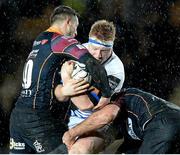 29 January 2016; Dan Leavy, Leinster, is tackled by Jason Tovey and Nick Crosswell, Newport Dragons. Guinness PRO12, Round 13, Newport Dragons v Leinster, Rodney Parade, Newport, Wales. Picture credit: Ben Evans / SPORTSFILE