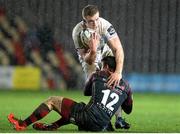 29 January 2016; James Tracy, Leinster, is tackled by Adam Warren, Newport Dragons. Guinness PRO12, Round 13, Newport Dragons v Leinster, Rodney Parade, Newport, Wales. Picture credit: Ben Evans / SPORTSFILE