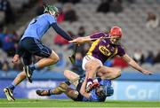 30 January 2016; Lee Chin, Wexford, in action against Rian McBride, right, and Chris Crummey, Dublin. Bord na Mona Walsh Cup Final, Dublin v Wexford. Croke Park, Dublin. Picture credit: Stephen McCarthy / SPORTSFILE