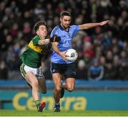 30 January 2016; James McCarthy, Dublin, is tackled by Kerry corner back Brian Ó Beaglaoich and is awarded a penalty. Allianz Football League, Division 1, Round 1, Dublin v Kerry, Croke Park, Dublin. Picture credit: Ray McManus / SPORTSFILE