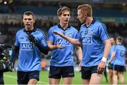 30 January 2016; Dublin players, from left, Darren Daly, Michael Fitzsimons and Ciaran Reddin following their victory. Allianz Football League, Division 1, Round 1, Dublin v Kerry. Croke Park, Dublin. Picture credit: Stephen McCarthy / SPORTSFILE