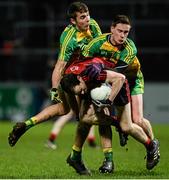 30 January 2016; Conaail McGovern, Down, in action against Michael Carroll and Ciaran Thompson, Donegal. Allianz League, Division 1, Round 1, Down v Donegal, Páirc Esler, Newry, Co. Down. Picture credit: Oliver McVeigh / SPORTSFILE