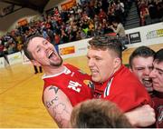 30 January 2016; Jason Killeen,Templeogue, celebrates with Shane Homan after the game. Basketball Ireland Men's National Cup Final, GCD Swords Thunder v Templeogue, National Basketball Arena, Tallaght, Co. Dublin. Picture credit: Sam Barnes / SPORTSFILE