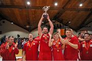 30 January 2016; Jason Killeen, Templeogue, and teammates celebrate with the cup. Basketball Ireland Men's National Cup Final, GCD Swords Thunder v Templeogue, National Basketball Arena, Tallaght, Co. Dublin. Picture credit: Sam Barnes / SPORTSFILE