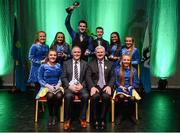 30 January 2016; Winners of the Rince Foirne, Silverbridge Harps, representing Armagh and Ulster. Pictured are, back row, Aoife Lavelle, Laura Donnelly, Ryan McKeown, Shea Bradley, Liath McCreesh and Dearbhla. Front row, Caitlin Murphy and Alannah Grant, with Antóin Mac Gabhann, Cathaoirleach Coiste Naisiúnta Scór, left, and Uachtarán Chumann Lúthchleas Gael Aogán Ó Fearghail. Scór na nÓg. INEC, Gleneagle Hotel, Killarney, Co. Kerry. Picture credit: Piaras Ó Mídheach / SPORTSFILE