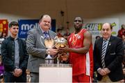 30 January 2016; Michael Bonaparte, Templeogue, is awarded MVP. Basketball Ireland Men's National Cup Final, GCD Swords Thunder v Templeogue, National Basketball Arena, Tallaght, Co. Dublin. Picture credit: Sam Barnes / SPORTSFILE