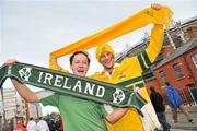 15 November 2009; Ireland supporter Joel Mumby, from Waterford, with his cousin Australia supporter Dan Maroske, from Brisbane, on the way to the match. Autumn International Guinness Series 2009, Ireland v Australia, Croke Park, Dublin. Picture credit: Brian Lawless / SPORTSFILE