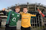 15 November 2009; Ireland supporters Hugo Murray, 11, and Sean Brophy, 12,  from Naas, Co. Kildare, on the way to the match. Autumn International Guinness Series 2009, Ireland v Australia, Croke Park, Dublin. Picture credit: Stephen McCarthy / SPORTSFILE