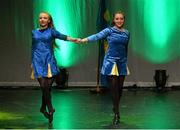 30 January 2016; Eventual winners Silverbridge Harps team of, Shea Bradley, Aoife Lavelle, Alannah Grant, Ryan McKeown, Dearbhla Grant, Caitlin Murphy, Liath McCreesh and Laura Donnelly representing Armagh and Ulster, in the Rince Foirne competition. Pictured are Aoife Lavelle, left, and Dearbhla Grant. Scór na nÓg. INEC, Gleneagle Hotel, Killarney, Co. Kerry. Picture credit: Piaras Ó Mídheach / SPORTSFILE
