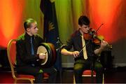 30 January 2016; The Drumhowan team of, Cait Brennan, Colm McMahon, Daniel Tomany, Conor Quinn and Finbar Brennan representing Monaghan and Ulster, in the Ceol Uirlise competition. Pictured are Conor Quinn and Finbar Brennan. Scór na nÓg. INEC, Gleneagle Hotel, Killarney, Co. Kerry. Picture credit: Piaras Ó Mídheach / SPORTSFILE