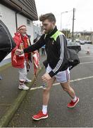 31 January 2016; Mayo's Aidan O'Shea exchanges a handshake with Cork supporter Joe Cole, from Charleville, Co. Cork as he arrives for the game. Allianz Football League, Division 1, Round 1, Cork v Mayo. Páirc Ui Rinn, Cork. Picture credit: Diarmuid Greene / SPORTSFILE