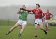 31 January 2016; Lorcan Mulvey, London, in action against Adrian Reid, Louth. Allianz Football League, Division 4, Round 1, Louth v London. Louth Centre of Excellence, Darver, Co. Louth. Photo by Sportsfile