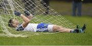 31 January 2016; Darren Hughes, Monaghan, gets stuck in the net after a goal scoring chance. Allianz Football League, Division 1, Round 1, Roscommon v Monaghan, Kiltoom, Roscommon. Picture credit: Stephen McCarthy / SPORTSFILE