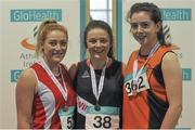 31 January 2016; Junior Women Shot Put Medalists, from left, Anne-Narie Torsney, Fingallians A.C, Michaela Walsh, Swinford A.C, and Deirbhile Ryan, Nenagh Olympic A.C., at the GloHealth Junior & U23 Indoor Championships. AIT, Athlone, Co. Westmeath. Picture credit: Sam Barnes / SPORTSFILE