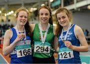 31 January 2016; Junior Women's Long Jump Medallists from left, Janine Boyle, Finn Valley A.C., Elizabeth Morland, Cushins Town A.C. and Aoibheann O'Brien, Tralee Harriers A.C. at the GloHealth Junior & U23 Indoor Championships. AIT, Athlone, Co. Westmeath. Picture credit: Sam Barnes / SPORTSFILE