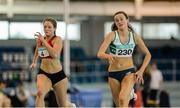 31 January 2016; Ciara Neville, Dooneen A.C, right, on her way to winning the Junior Women 60m Final, ahead of Megan Marrs, City of  Lisburn A.C, left, at the GloHealth Junior & U23 Indoor Championships. AIT, Athlone, Co. Westmeath. Picture credit: Sam Barnes / SPORTSFILE