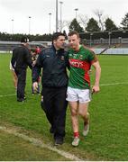 31 January 2016; Mayo's Colm Boyle leaves the pitch with Mayo selector Sean Carey after defeat to Cork. Allianz Football League, Division 1, Round 1, Cork v Mayo. Páirc Ui Rinn, Cork. Picture credit: Diarmuid Greene / SPORTSFILE