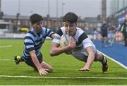 31 January 2016; Cailean Mulvaney, Belvedere College, scores his side's third try of the game, despite the attention of Jones Khan, Castleknock College. Bank of Ireland Leinster Schools Junior Cup, Round 1, Belvedere College v Castleknock College, Donnybrook Stadium, Donnybrook, Dublin. Picture credit: Ramsey Cardy / SPORTSFILE