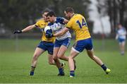 31 January 2016; Drew Wylie, Monaghan, in action against Fintan Cregg, left, and Senan Kilbride, Roscommon. Allianz Football League, Division 1, Round 1, Roscommon v Monaghan, Kiltoom, Roscommon. Picture credit: Stephen McCarthy / SPORTSFILE