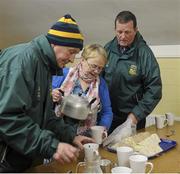 31 January 2016; Meath assistant treasurer Brendan Dempsey, right, and Dessie Murtagh are served tea by 'Restaurant manager' Mary Martin before the game. Allianz League, Division 2, Round 1, Meath v Armagh, Páirc Tailteann, Navan, Co. Meath. Picture credit: Ray McManus / SPORTSFILE