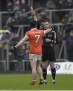 31 January 2016; The Armagh captain Aidan Forker is shown a second yellow card by referee Anthony Nolan late in the game. Allianz Football League, Division 2, Round 1, Meath v Armagh, Páirc Tailteann, Navan, Co. Meath. Picture credit: Philip Fitzpatrick / SPORTSFILE