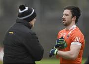 31 January 2016; Armagh manager Kieran McGeeney in conversetion with team captain Aidan Forker before the game. Allianz Football League, Division 2, Round 1, Meath v Armagh, Páirc Tailteann, Navan, Co. Meath. Picture credit: Philip Fitzpatrick / SPORTSFILE