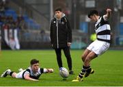 31 January 2016; Cailean Mulvaney, Belvedere College, kicks a penalty, with assistance from team-mate Andrew Synnott. Bank of Ireland Leinster Schools Junior Cup, Round 1, Belvedere College v Castleknock College, Donnybrook Stadium, Donnybrook, Dublin. Picture credit: Ramsey Cardy / SPORTSFILE