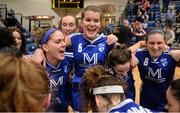 31 January 2016; Team Montenotte Hotel players, from left, Marie Breen, Casey Grace, Claire Rockall, Aine McKenna and Amanda O'Regan celebrate after the final buzzer. Basketball Ireland Women's National Cup Final, Team Montenotte Hotel, Cork v Pyrobel Killester, National Basketball Arena, Tallaght, Co. Dublin. Picture credit: Brendan Moran / SPORTSFILE