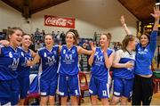 31 January 2016; Team Montenotte Hotel players, from left, Claire Rockall, Aine McKenna, Amanda O'Regan, Grainne Dwyer, Miriam Byrne, Hanna McCarthy and Niamh Dwyer celebrate after the game. Basketball Ireland Women's National Cup Final, Team Montenotte Hotel, Cork v Pyrobel Killester, National Basketball Arena, Tallaght, Co. Dublin. Picture credit: Brendan Moran / SPORTSFILE