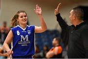 31 January 2016; Claire Rockall, Team Montenotte Hotel, celebrates with coach Mark Scannell near the end of the game. Basketball Ireland Women's National Cup Final, Team Montenotte Hotel, Cork v Pyrobel Killester, National Basketball Arena, Tallaght, Co. Dublin. Picture credit: Brendan Moran / SPORTSFILE