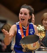 31 January 2016; Team Montenotte Hotel captain Aine McKenna celebrates with the cup after the game. Basketball Ireland Women's National Cup Final, Team Montenotte Hotel, Cork v Pyrobel Killester, National Basketball Arena, Tallaght, Co. Dublin. Picture credit: Brendan Moran / SPORTSFILE