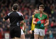 31 January 2016; Lee Keegan, Mayo, speaks to referee Maurice Deegan shortly before being shown a yellow card along with Cork's Brian Hurley. Allianz Football League, Division 1, Round 1, Cork v Mayo. Páirc Ui Rinn, Cork. Picture credit: Diarmuid Greene / SPORTSFILE