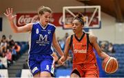 31 January 2016; Raeshel Contreras, Pyrobel Killester, in action against Claire Rockall, Team Montenotte Hotel. Basketball Ireland Women's National Cup Final, Team Montenotte Hotel, Cork v Pyrobel Killester, National Basketball Arena, Tallaght, Co. Dublin. Picture credit: Brendan Moran / SPORTSFILE