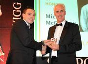 15 November 2009; Former Republic of Ireland player and manager Mick McCarthy is presented with a token as Guest of Honour by Stephen Rice, Chairman, Professional Footballers Association of Ireland. PFAI Ford Awards 2009, The Burlington Hotel, Dublin. Picture credit: Brendan Moran / SPORTSFILE