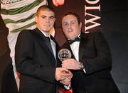 15 November 2009; Conor Powell of Bohemians is presented with the PFAI irish Daily Mirror Young Player of the Year 2009 by Paul O'Hehir, Irish Daily Mirror. PFAI Ford Awards 2009, The Burlington Hotel, Dublin. Picture credit: Brendan Moran / SPORTSFILE