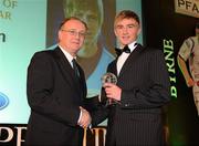 15 November 2009; Ronan Finn of UCD is presented with the PFAI First Division Player of the Year 2009 by Fran Gavin, Director of the League of Ireland. PFAI Ford Awards 2009, The Burlington Hotel, Dublin. Picture credit: Brendan Moran / SPORTSFILE