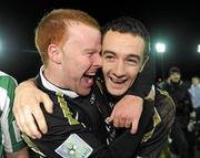 16 November 2009; Sporting Fingal's Lorcan Fitzgerald, left, and team-mate Shaun Maher celebrate after the game. League of Ireland Promotion / Relegation Play-Off Second leg, Bray Wanderers v Sporting Fingal, Carlisle Grounds, Bray, Co Wicklow. Photo by Sportsfile