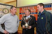 17 November 2009; Martin Barrett, Chief Executive, Barrett Sports Lighting, centre, along with Donegal manager John Joe Doherty, left, and Donegal footballer Brendan Boyle at the launch of the 2010 Barrett Sports Lighting Dr McKenna Cup. Armagh City Hotel, Co. Armagh. Picture credit: Oliver McVeigh / SPORTSFILE