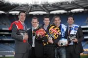 17 November 2009; Cork hurler and development manager with Mycro Sportsgear Ronan Curran, left, with Mycro ambassadors, from left, Tommy Walsh, Kilkenny, Michael Rice, Kilkenny, Ken McGrath, Waterford, and Brendan Cummins, Tipperary, at the launch of the new Mycro Xtralite helmet and Mycro impact glove. Croke Park, Dublin. Picture credit: Brian Lawless / SPORTSFILE