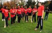 18 November 2009; Fijian-born Cork hurling star, Seán Óg Ó hAilpín, speaks to the players on a visit to the Fijian Rugby team at its camp in Dublin. The rugby players were treated to a hurling skills session with one of the biggest names in Gaelic games, courtesy of Digicel who are sponsoring the Fijians’ trip to Ireland. Speaking after today’s coaching session, Ó hAilpín said: “Today was a great opportunity for me to show visitors to Ireland what Gaelic games are all about. I was born in Fiji and lived there until I was three, so I’m delighted that Digicel was able to organize this coaching session.” The Fijians play Ireland in the RDS on Saturday, November 21st, in the RDS. Kick off is at 17.15. A limited number of tickets are still available from the Spar shop in Donnybrook. Radisson Blu St Helens Hotel, Stillorgan Road, Dublin. Picture credit: Brendan Moran / SPORTSFILE