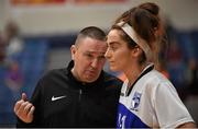 31 January 2016; Team Montenotte Hotel coach Mark Scannell speaks to Grainne Dwyer before the game. Basketball Ireland Women's National Cup Final, Team Montenotte Hotel, Cork v Pyrobel Killester, National Basketball Arena, Tallaght, Co. Dublin. Picture credit: Brendan Moran / SPORTSFILE